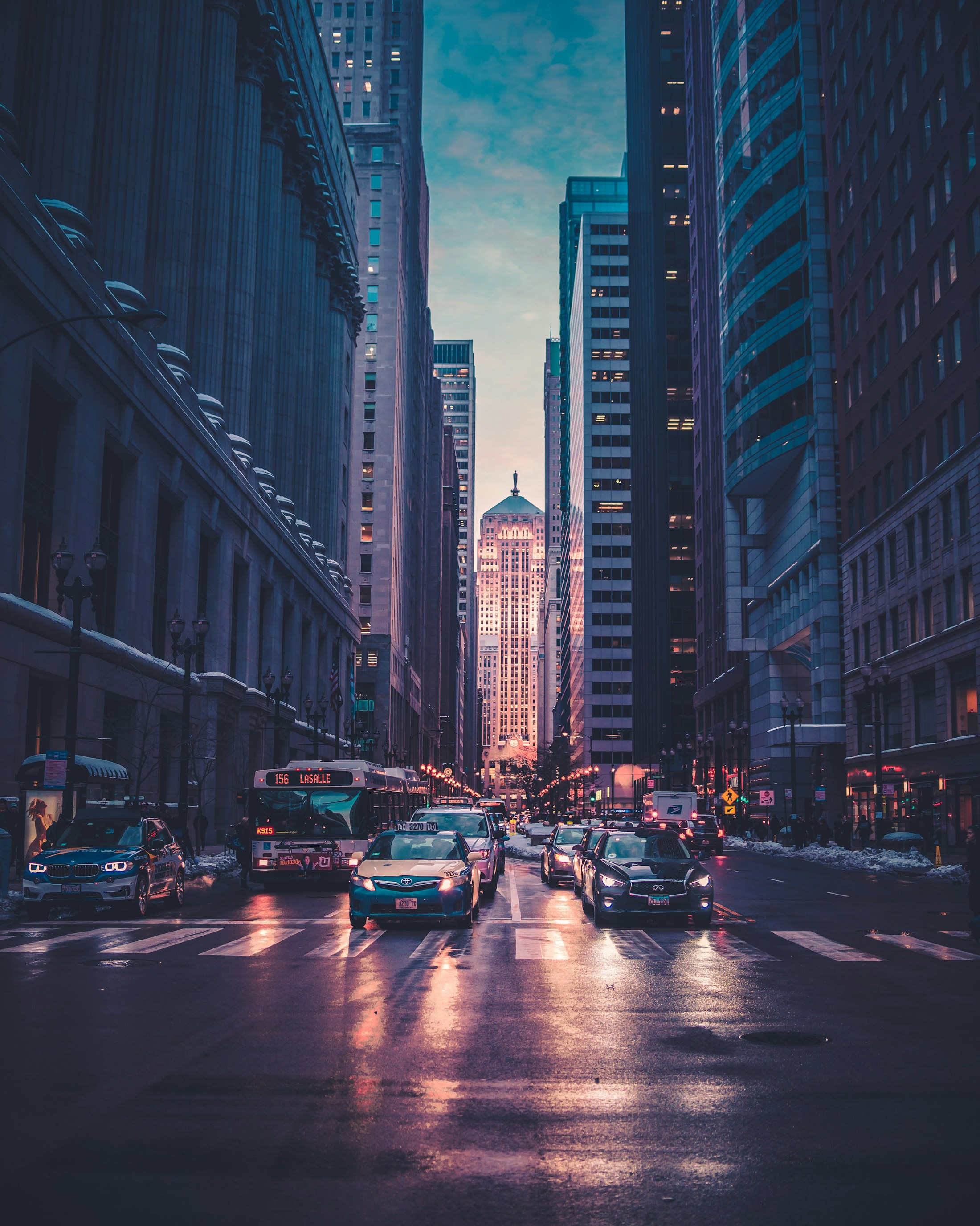 Connected commercial district at dusk